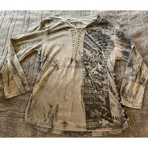 Affliction American Customs Shirt XlargeFoiled Graphic Braided Lace Up Biker Top